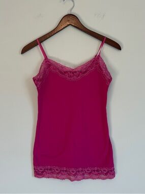 VTG Y2K Charlotte Russe Lace Trim Cami M Tank Top Pink Coquette Babydoll Stretch